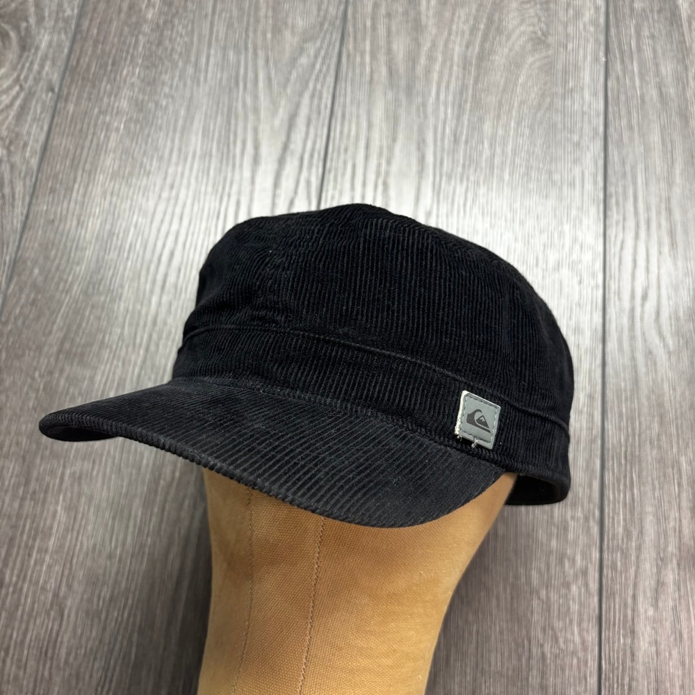Vintage Quiksilver Corduroy Cadet Hat Black Military Cap Tiger Lining L/XL y2k